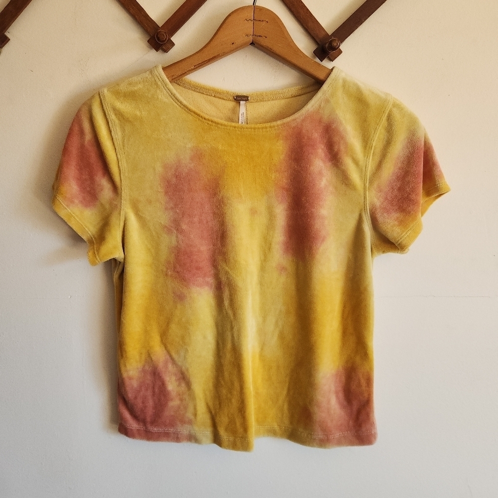 Free People Yellow Pink Velvet Short Sleeve Baby Tee Medium M